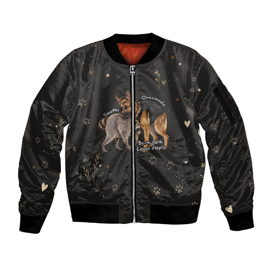 Jimothy And Quasimodo Sleeve Zip Bomber Jacket Vintage German Shepherd And Raccoon - Born Rare Loved Deeply