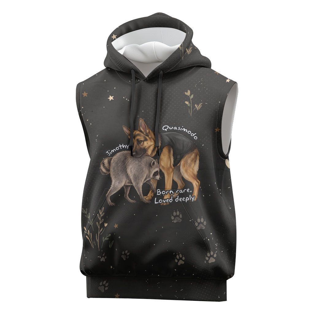 Jimothy And Quasimodo Sleeveless Hoodie Vintage German Shepherd And Raccoon - Born Rare Loved Deeply