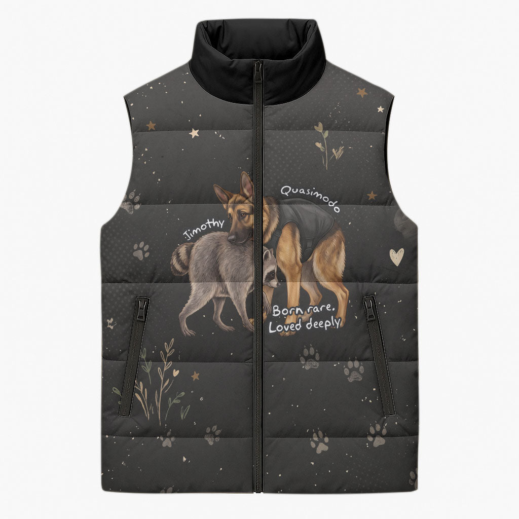 Jimothy And Quasimodo Sleeveless Puffer Jacket Vintage German Shepherd And Raccoon - Born Rare Loved Deeply