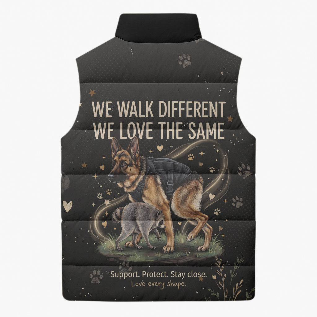 Jimothy And Quasimodo Sleeveless Puffer Jacket Vintage German Shepherd And Raccoon - Born Rare Loved Deeply