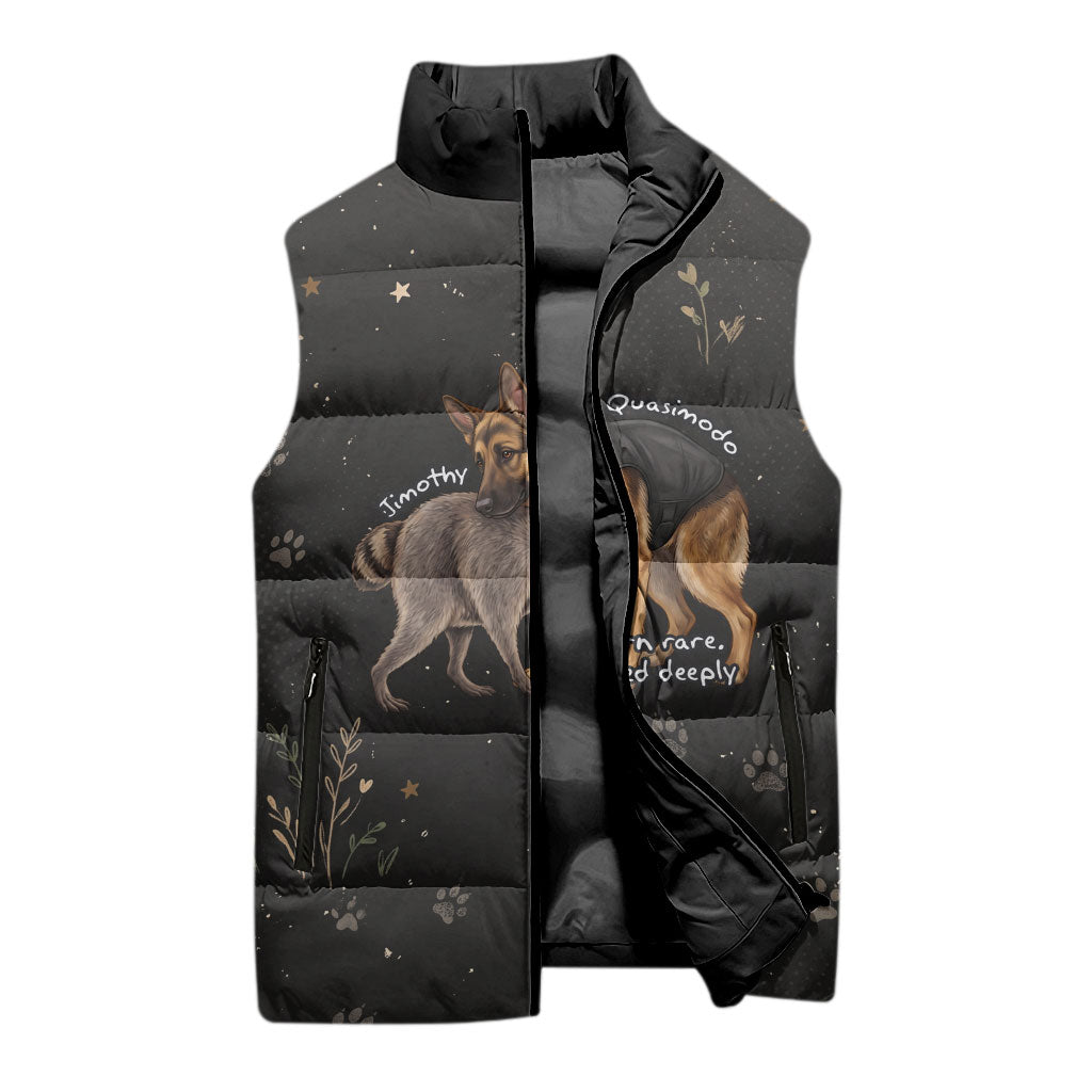 Jimothy And Quasimodo Sleeveless Puffer Jacket Vintage German Shepherd And Raccoon - Born Rare Loved Deeply