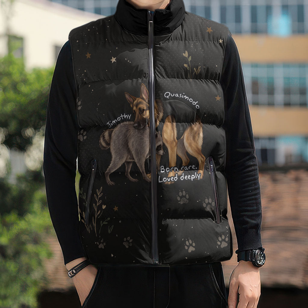Jimothy And Quasimodo Sleeveless Puffer Jacket Vintage German Shepherd And Raccoon - Born Rare Loved Deeply