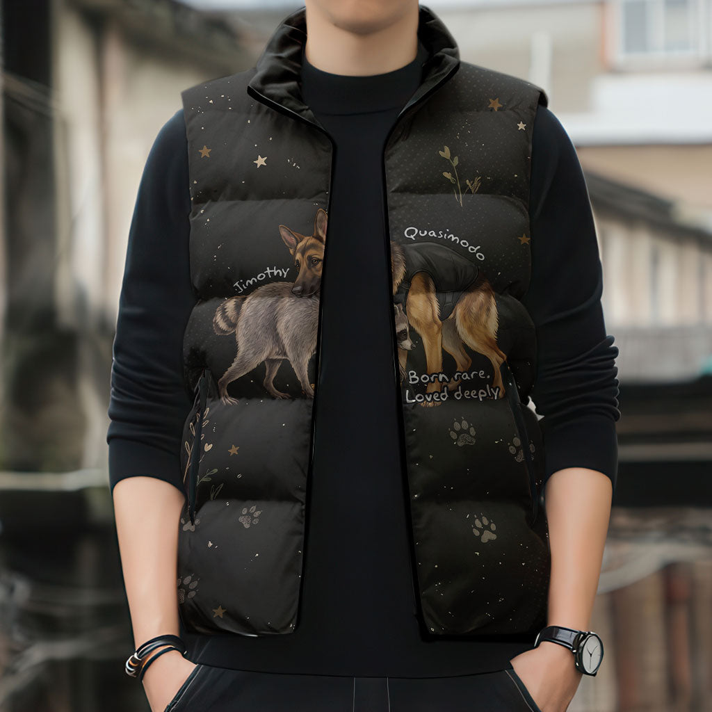 Jimothy And Quasimodo Sleeveless Puffer Jacket Vintage German Shepherd And Raccoon - Born Rare Loved Deeply