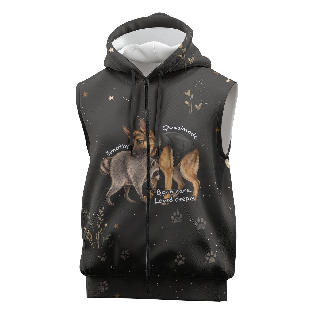 Jimothy And Quasimodo Sleeveless Zip Hoodie Vintage German Shepherd And Raccoon - Born Rare Loved Deeply