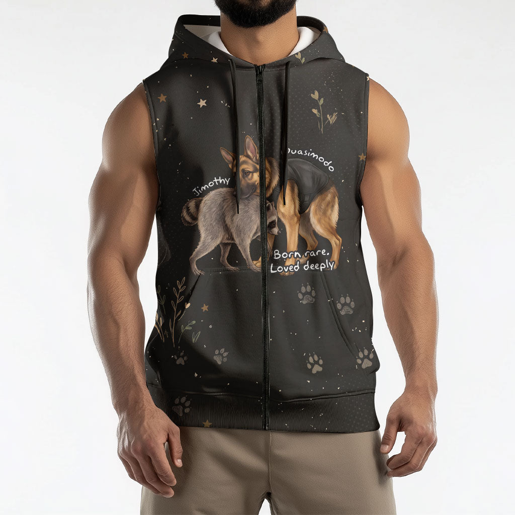 Jimothy And Quasimodo Sleeveless Zip Hoodie Vintage German Shepherd And Raccoon - Born Rare Loved Deeply