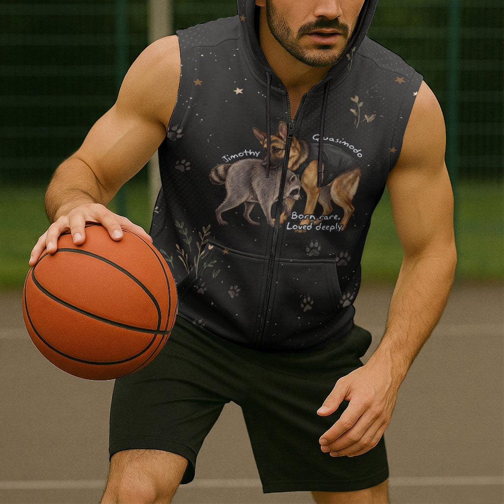 Jimothy And Quasimodo Sleeveless Zip Hoodie Vintage German Shepherd And Raccoon - Born Rare Loved Deeply