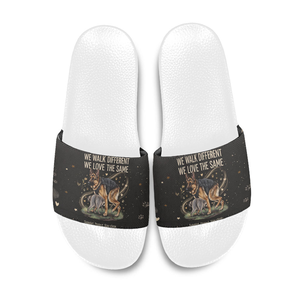 Jimothy And Quasimodo Slide Sandals Vintage German Shepherd And Raccoon - Born Rare Loved Deeply