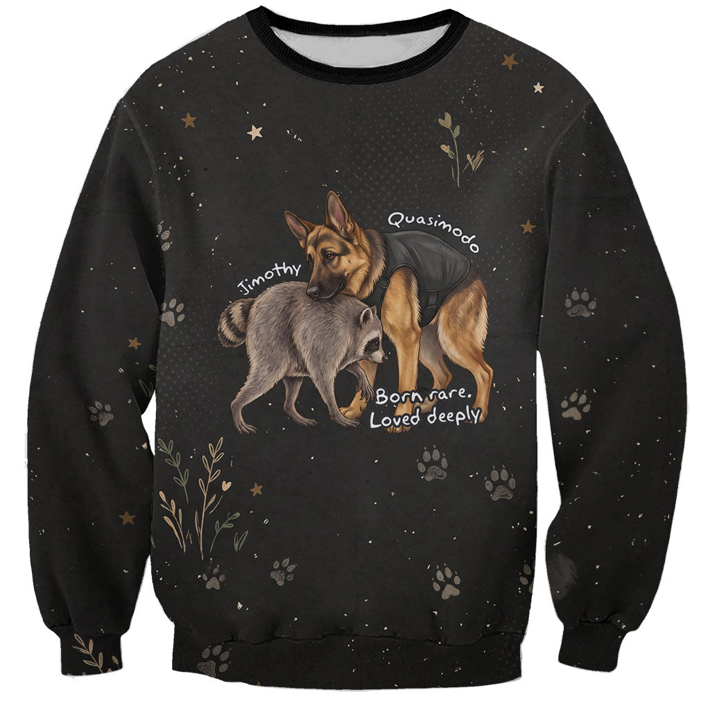 Jimothy And Quasimodo Sweatshirt Vintage German Shepherd And Raccoon - Born Rare Loved Deeply