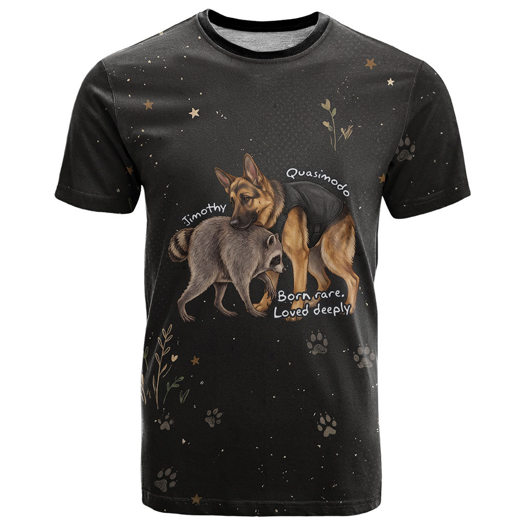 Jimothy And Quasimodo T Shirt Vintage German Shepherd And Raccoon - Born Rare Loved Deeply