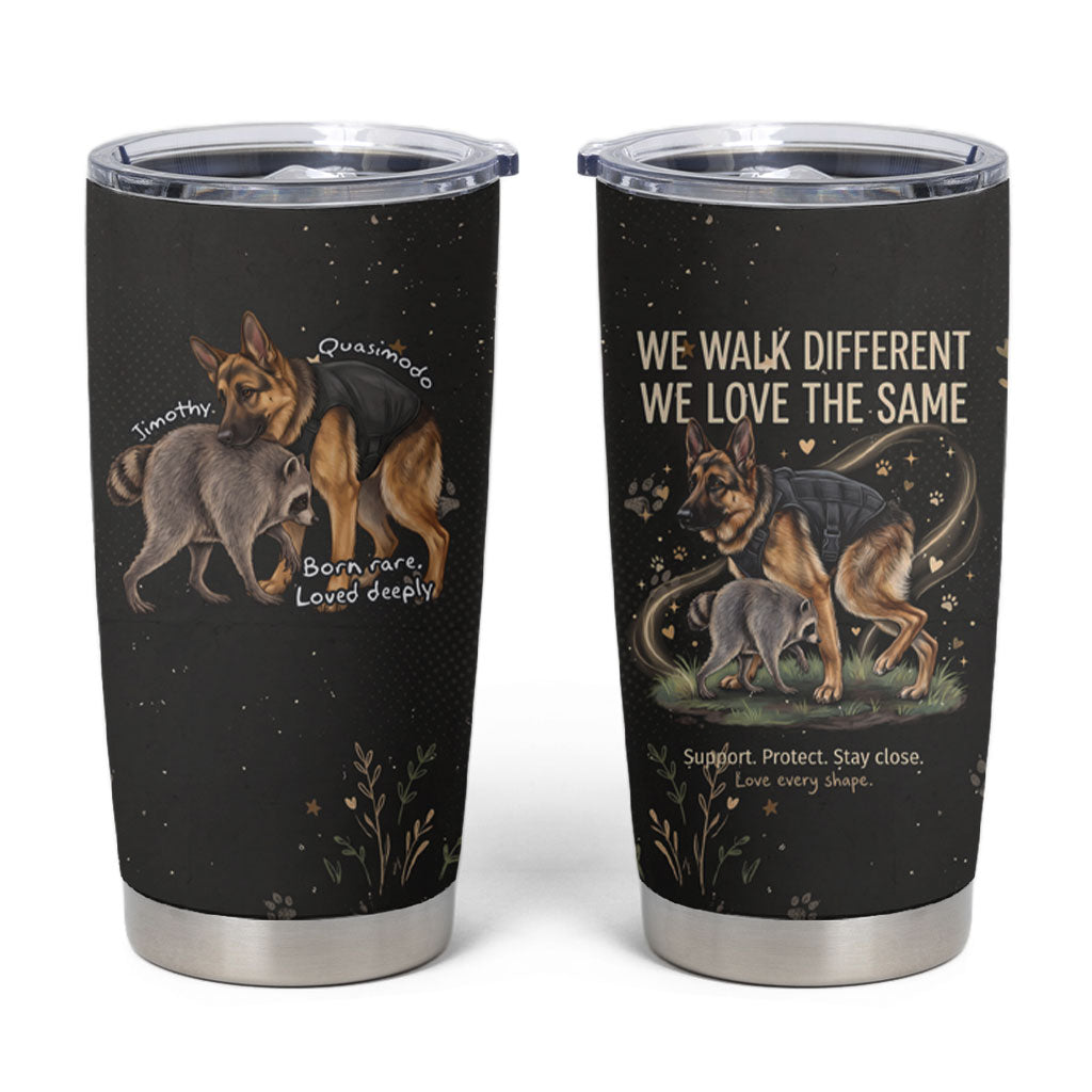 Jimothy And Quasimodo Tumbler Cup Vintage German Shepherd And Raccoon - Born Rare Loved Deeply
