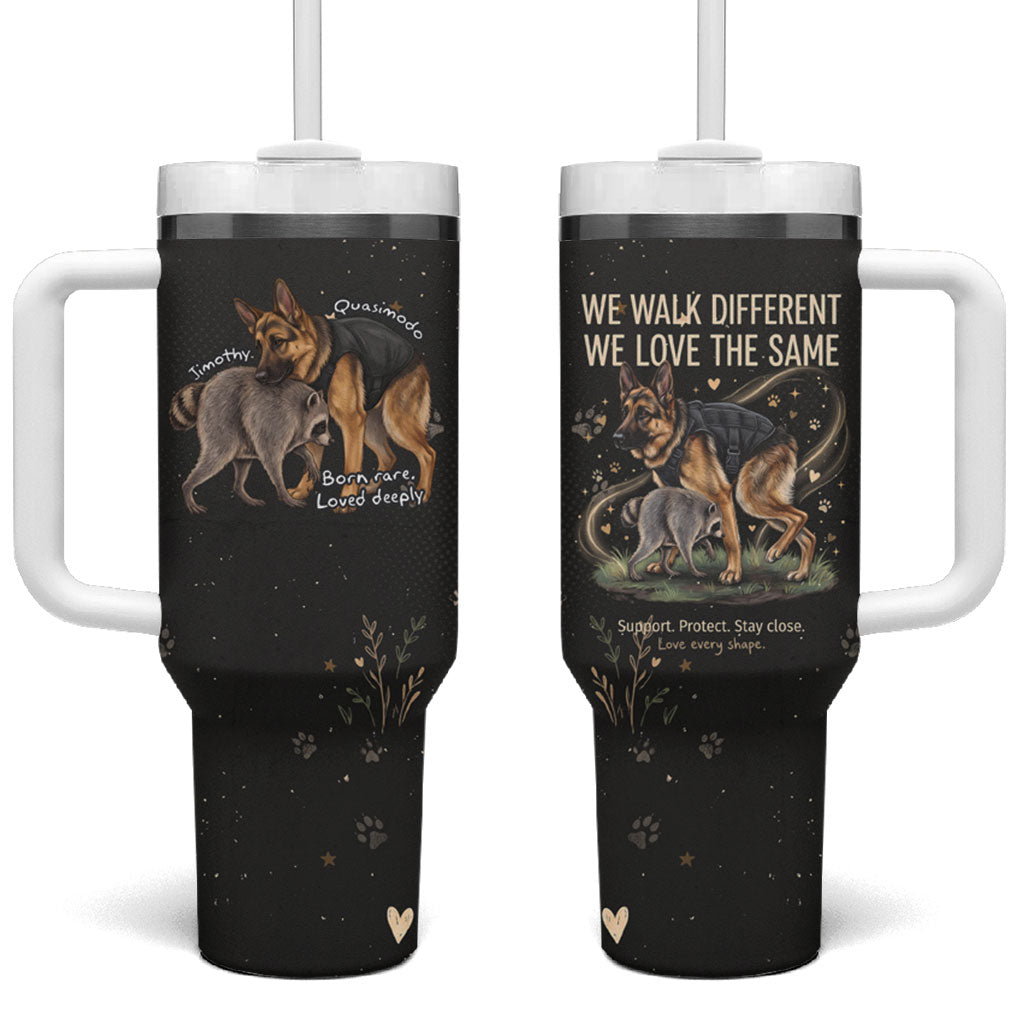 Jimothy And Quasimodo Tumbler With Handle Vintage German Shepherd And Raccoon - Born Rare Loved Deeply