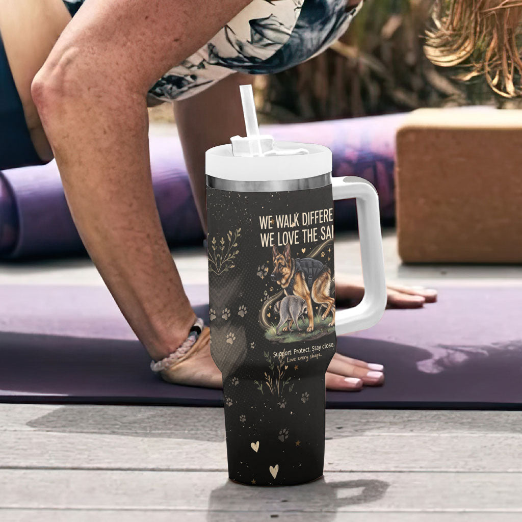 Jimothy And Quasimodo Tumbler With Handle Vintage German Shepherd And Raccoon - Born Rare Loved Deeply