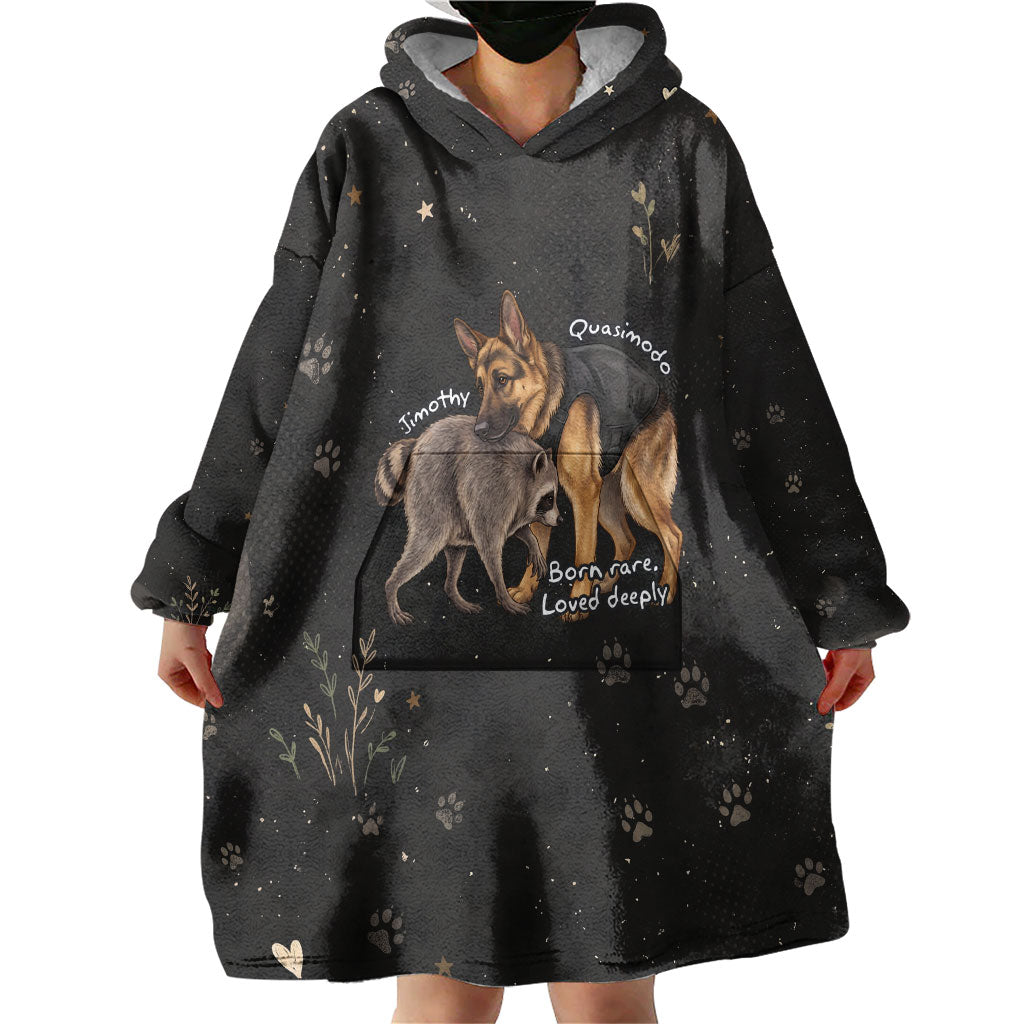Jimothy And Quasimodo Wearable Blanket Hoodie Vintage German Shepherd And Raccoon - Born Rare Loved Deeply