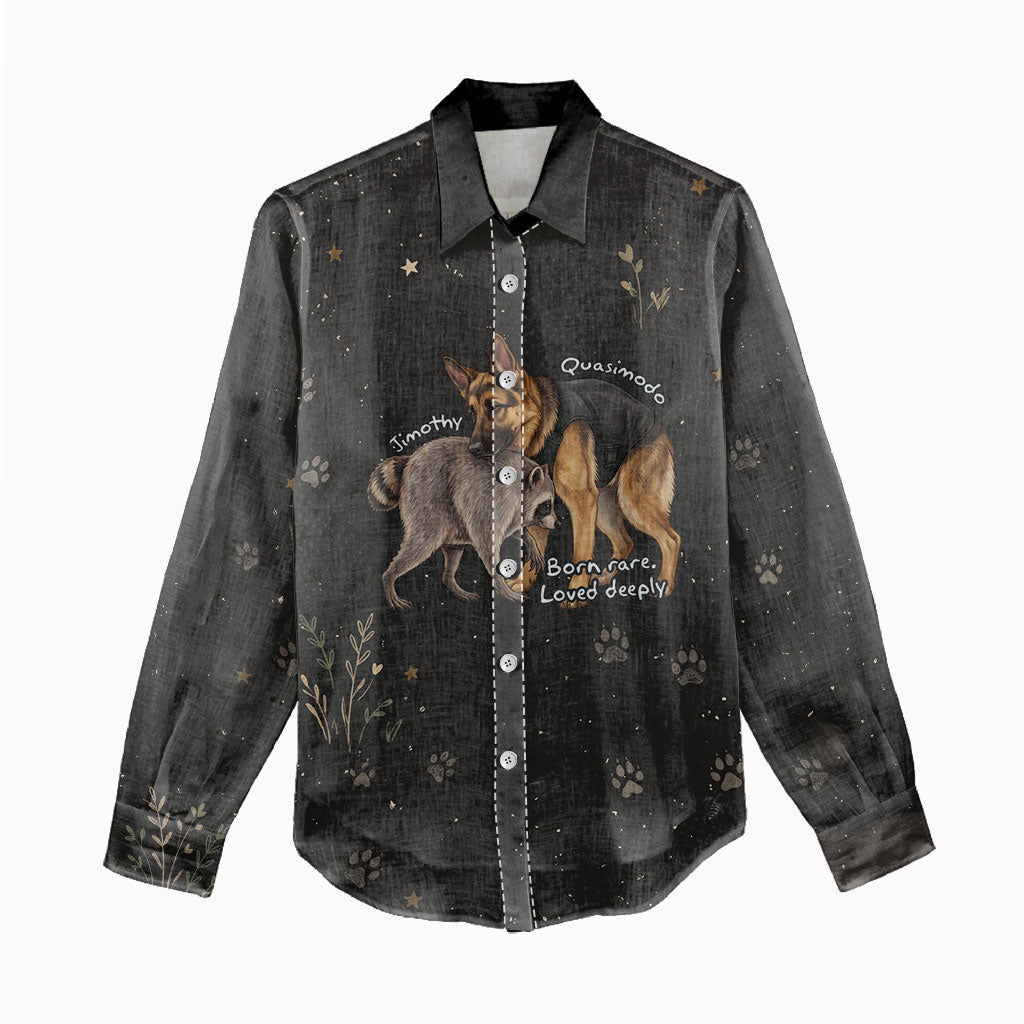 Jimothy And Quasimodo Women Casual Shirt Vintage German Shepherd And Raccoon - Born Rare Loved Deeply