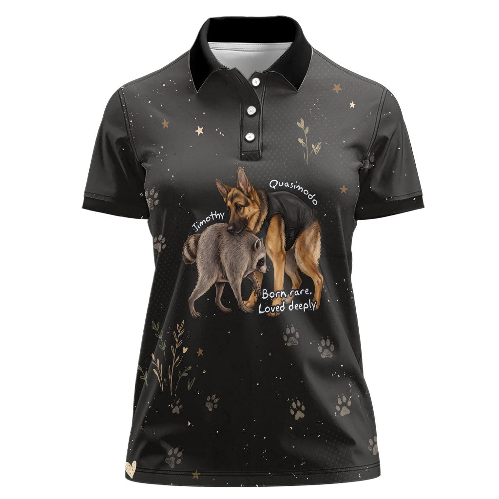 Jimothy And Quasimodo Women Polo Shirt Vintage German Shepherd And Raccoon - Born Rare Loved Deeply