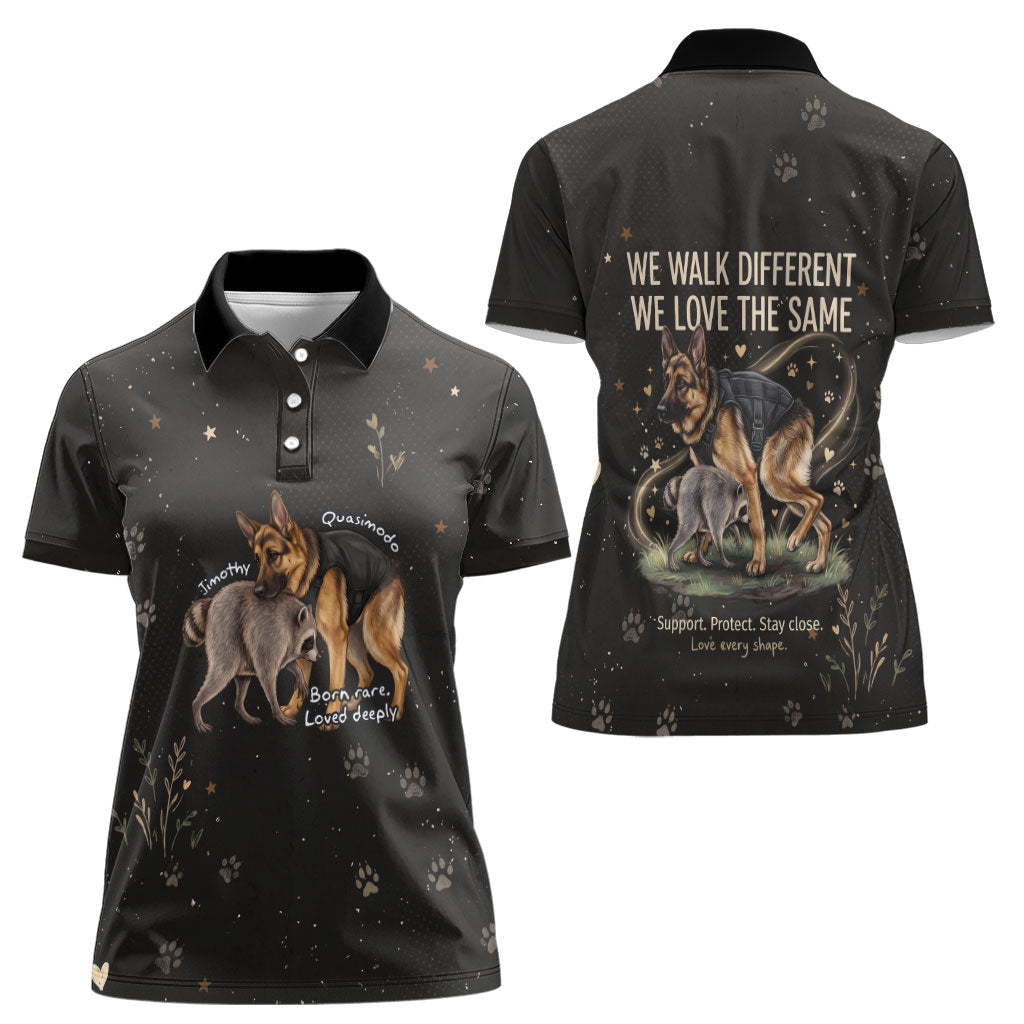 Jimothy And Quasimodo Women Polo Shirt Vintage German Shepherd And Raccoon - Born Rare Loved Deeply