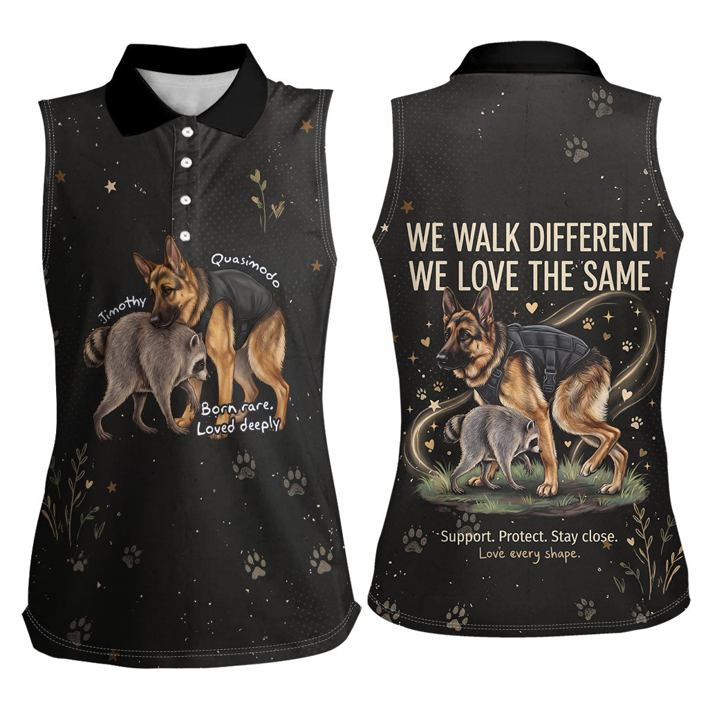 Jimothy And Quasimodo Women Sleeveless Polo Shirt Vintage German Shepherd And Raccoon - Born Rare Loved Deeply