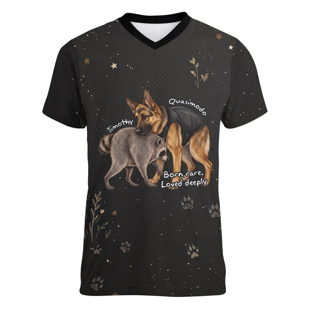 Jimothy And Quasimodo Women V-Neck T-Shirt Vintage German Shepherd And Raccoon - Born Rare Loved Deeply