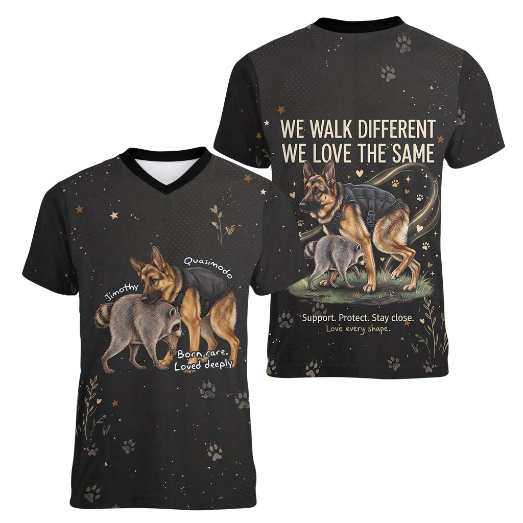 Jimothy And Quasimodo Women V-Neck T-Shirt Vintage German Shepherd And Raccoon - Born Rare Loved Deeply