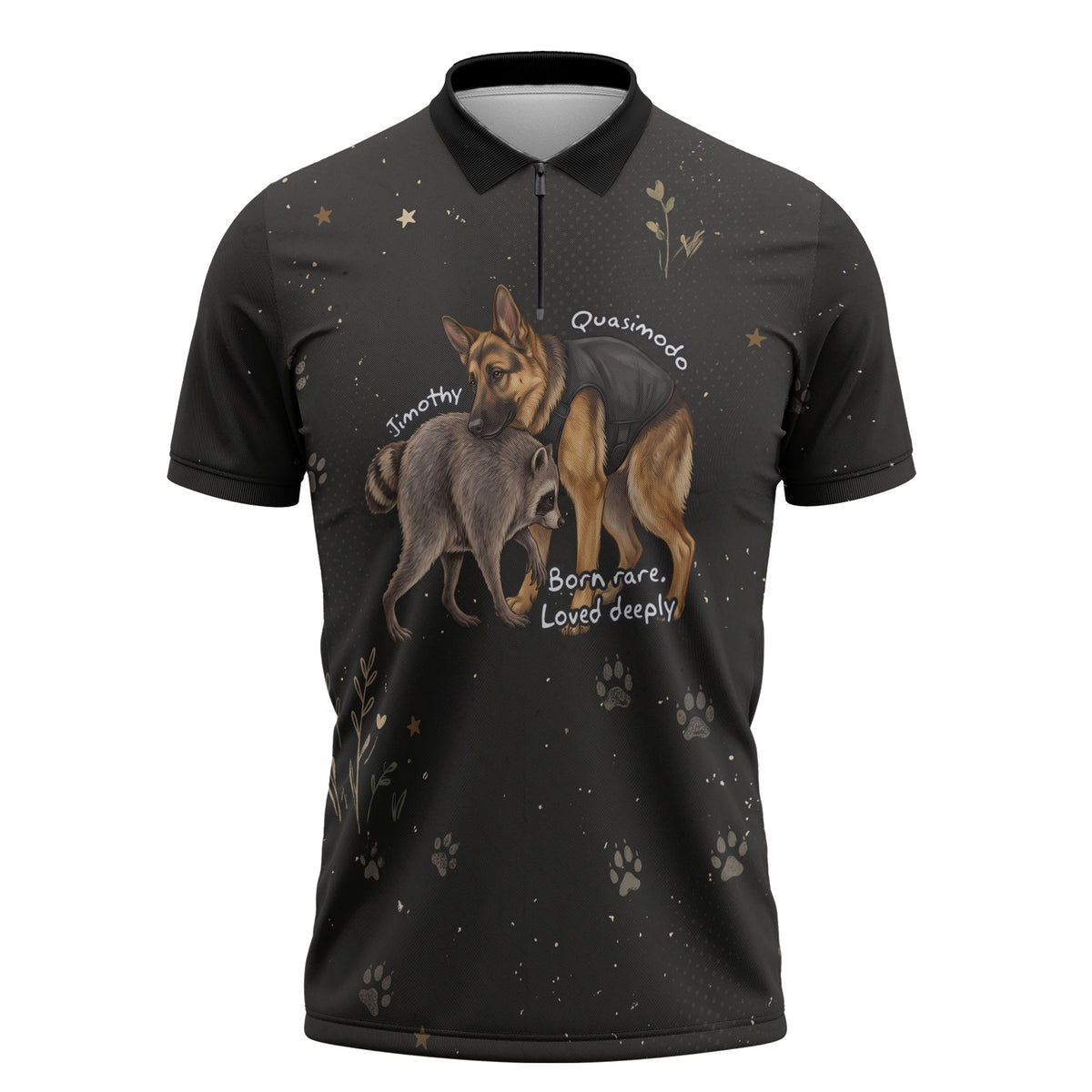 Jimothy And Quasimodo Zipper Polo Shirt Vintage German Shepherd And Raccoon - Born Rare Loved Deeply