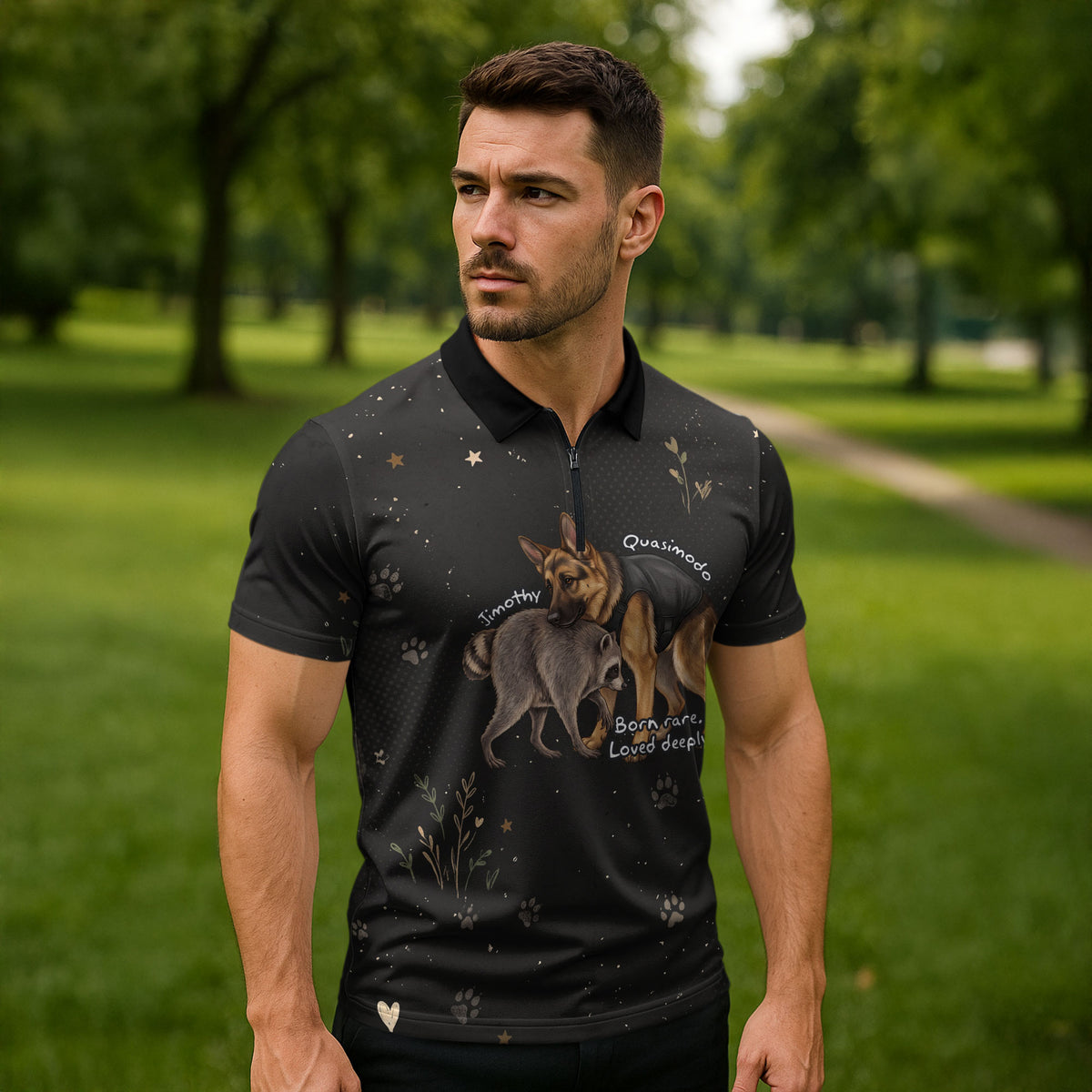 Jimothy And Quasimodo Zipper Polo Shirt Vintage German Shepherd And Raccoon - Born Rare Loved Deeply