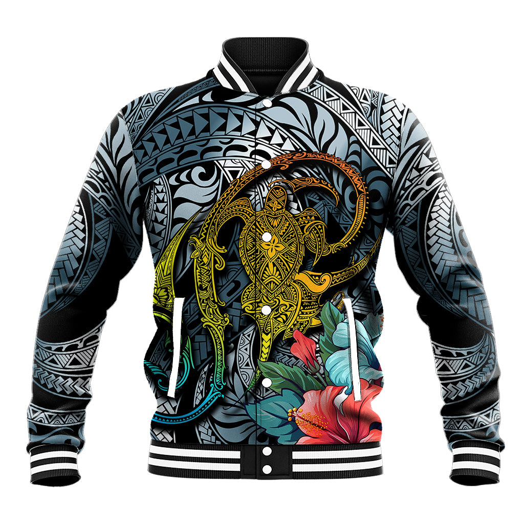 Hawaii Turtle Baseball Jacket Hawaii Pattern and Turtle Tattoo Dark Cyan Gradient - Wonder Print Shop
