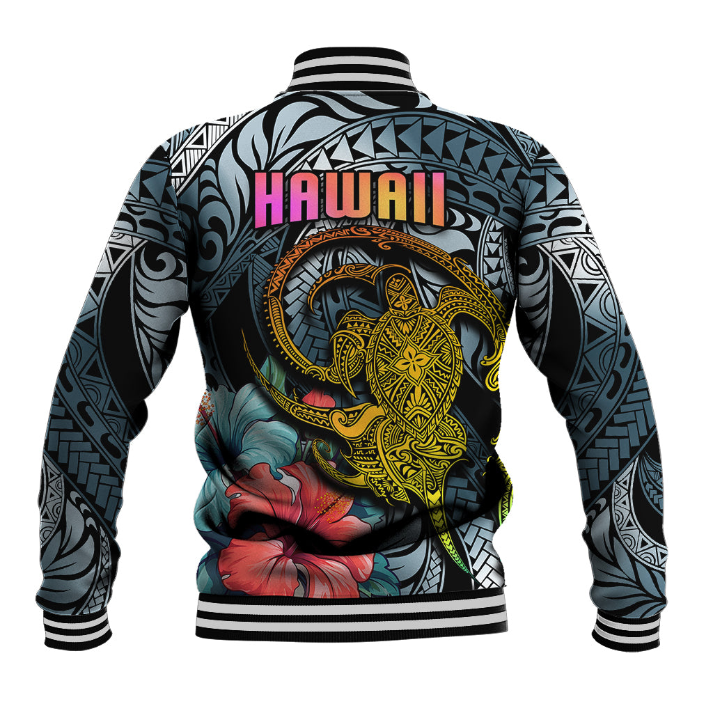 Hawaii Turtle Baseball Jacket Hawaii Pattern and Turtle Tattoo Dark Cyan Gradient - Wonder Print Shop