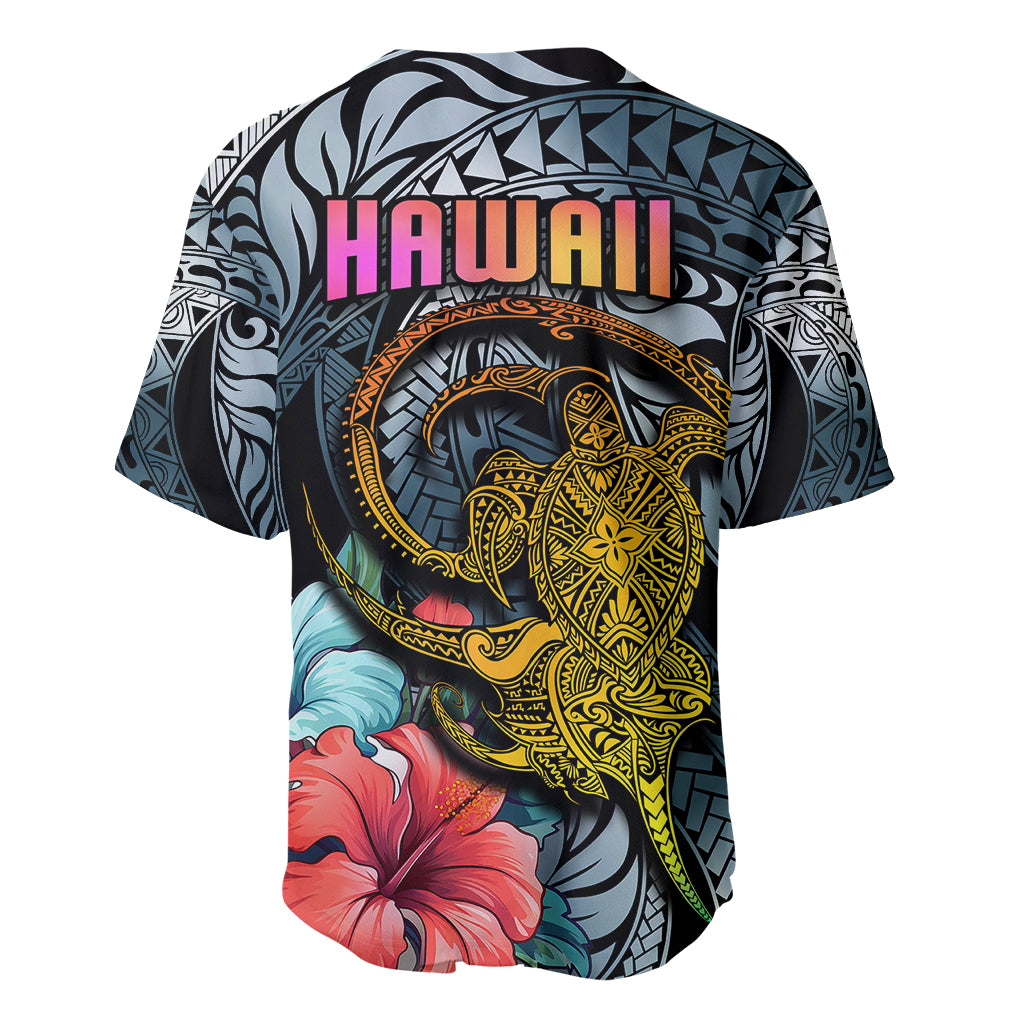 Hawaii Turtle Baseball Jersey Hawaii Pattern and Turtle Tattoo Dark Cyan Gradient - Wonder Print Shop