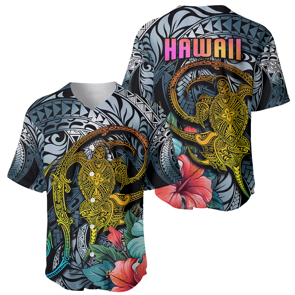 Hawaii Turtle Baseball Jersey Hawaii Pattern and Turtle Tattoo Dark Cyan Gradient - Wonder Print Shop