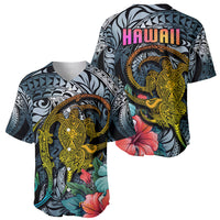 Hawaii Turtle Baseball Jersey Hawaii Pattern and Turtle Tattoo Dark Cyan Gradient - Wonder Print Shop