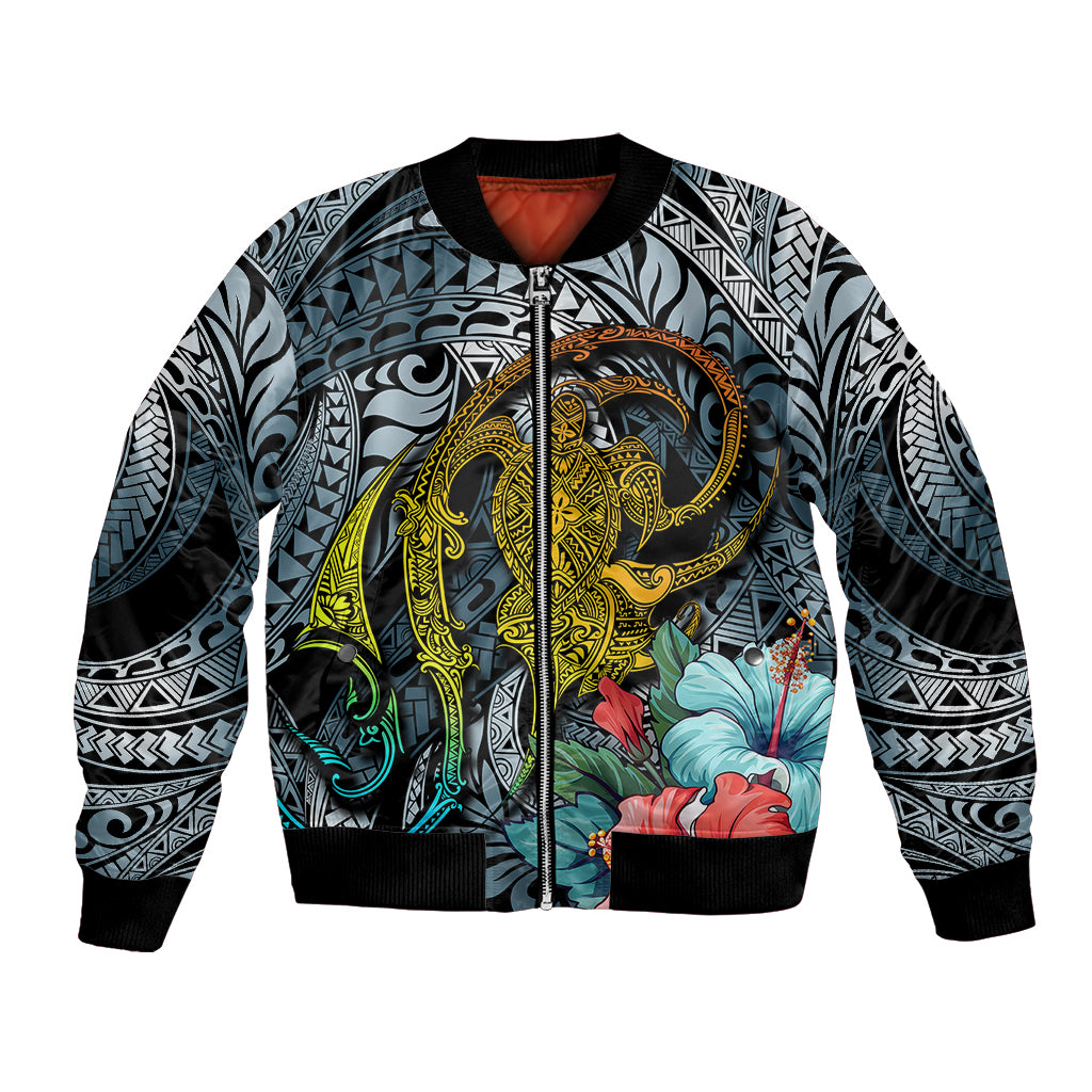 Hawaii Turtle Bomber Jacket Hawaii Pattern and Turtle Tattoo Dark Cyan Gradient - Wonder Print Shop