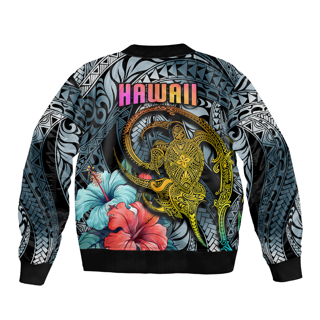 Hawaii Turtle Bomber Jacket Hawaii Pattern and Turtle Tattoo Dark Cyan Gradient - Wonder Print Shop