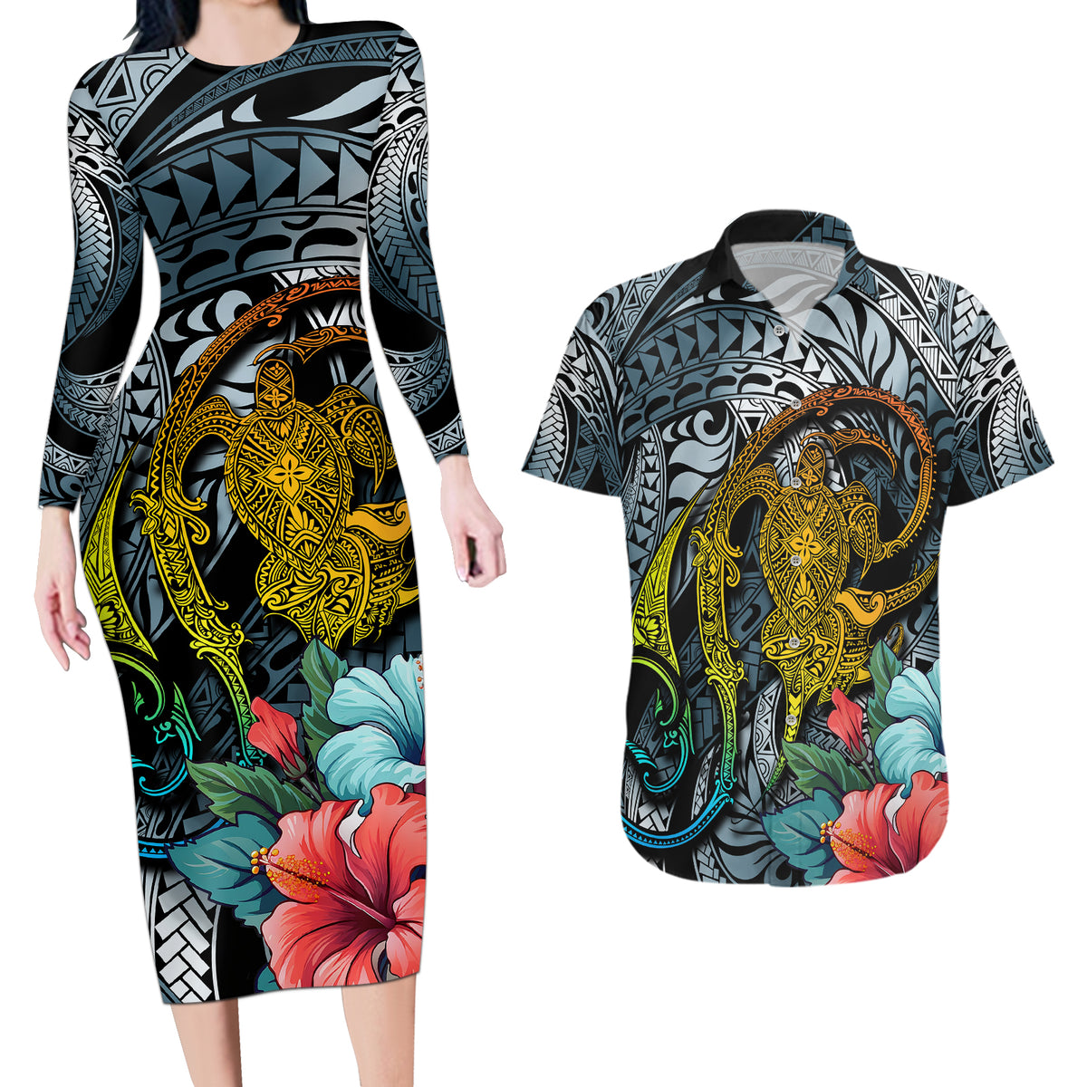 Hawaii Turtle Couples Matching Long Sleeve Bodycon Dress and Hawaiian Shirt Hawaii Pattern and Turtle Tattoo Dark Cyan Gradient - Wonder Print Shop