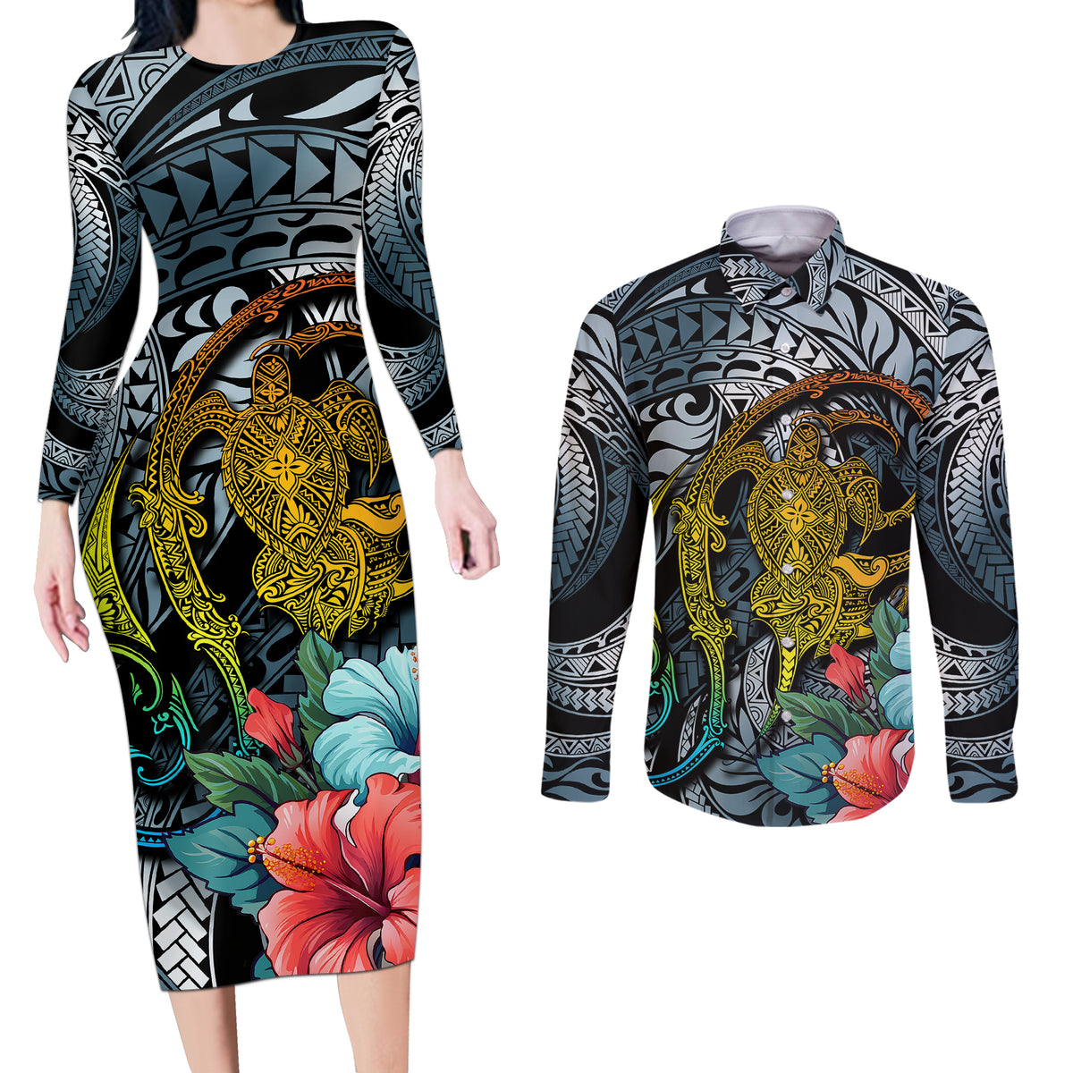 Hawaii Turtle Couples Matching Long Sleeve Bodycon Dress and Long Sleeve Button Shirts Hawaii Pattern and Turtle Tattoo Dark Cyan Gradient - Wonder Print Shop