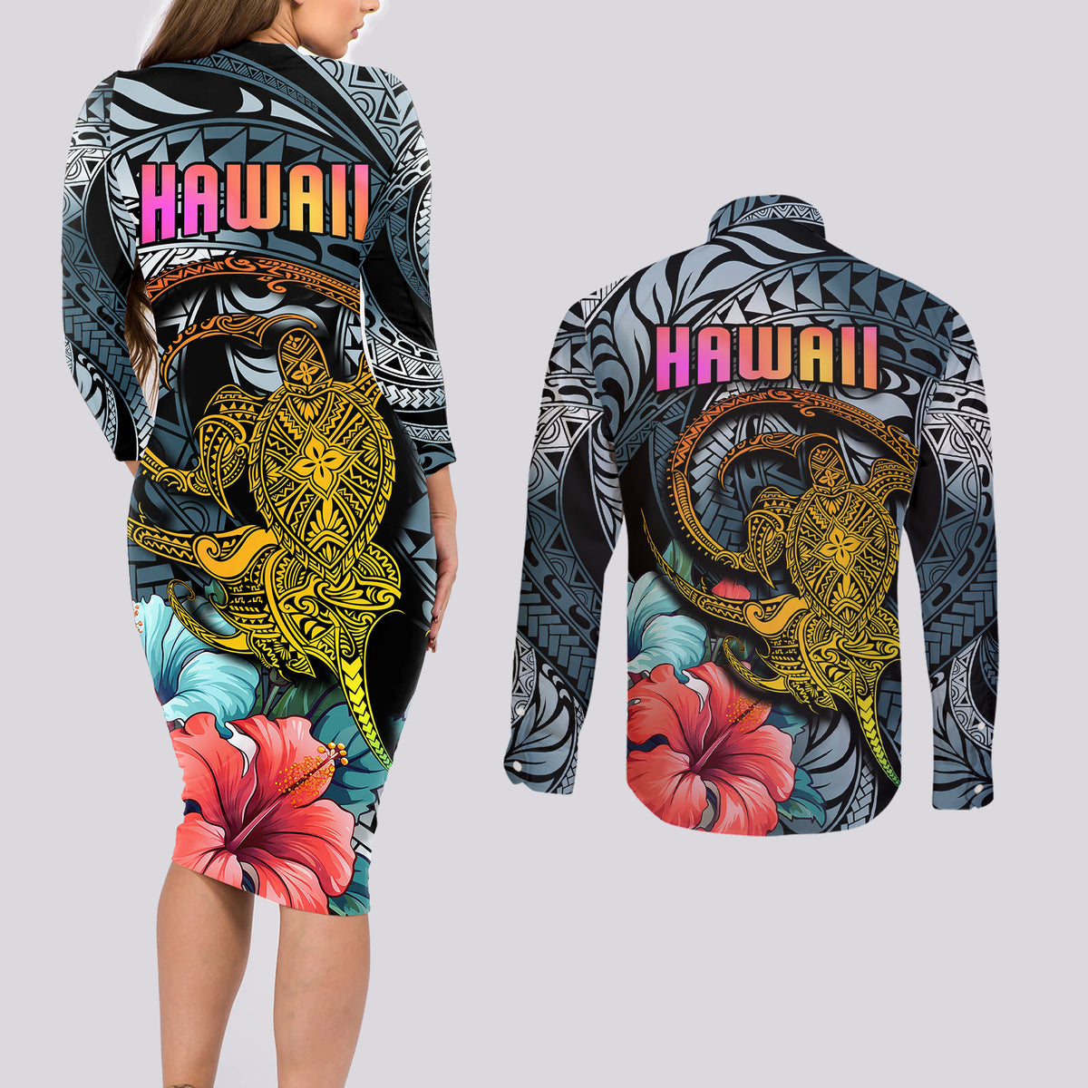 Hawaii Turtle Couples Matching Long Sleeve Bodycon Dress and Long Sleeve Button Shirts Hawaii Pattern and Turtle Tattoo Dark Cyan Gradient - Wonder Print Shop