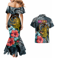 Hawaii Turtle Couples Matching Mermaid Dress and Hawaiian Shirt Hawaii Pattern and Turtle Tattoo Dark Cyan Gradient - Wonder Print Shop