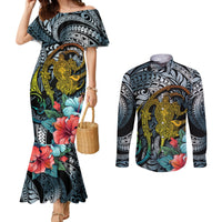 hawaii-turtle-couples-matching-mermaid-dress-and-long-sleeve-button-shirts-hawaii-pattern-and-turtle-tattoo-dark-cyan-gradient
