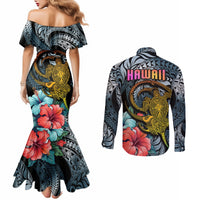 hawaii-turtle-couples-matching-mermaid-dress-and-long-sleeve-button-shirts-hawaii-pattern-and-turtle-tattoo-dark-cyan-gradient
