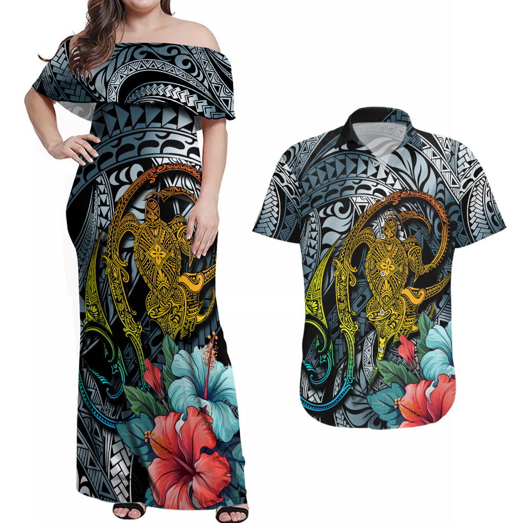Hawaii Turtle Couples Matching Off Shoulder Maxi Dress and Hawaiian Shirt Hawaii Pattern and Turtle Tattoo Dark Cyan Gradient - Wonder Print Shop