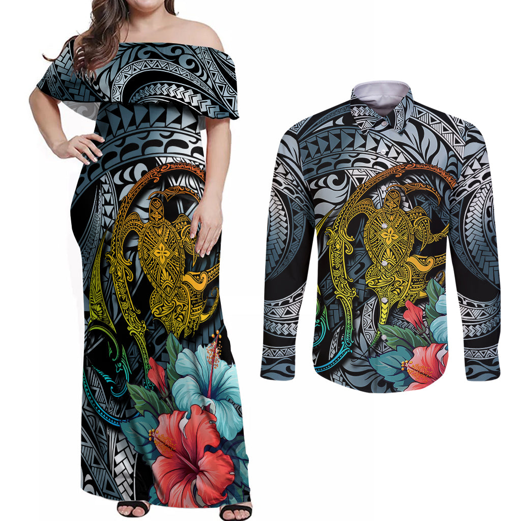 Hawaii Turtle Couples Matching Off Shoulder Maxi Dress and Long Sleeve Button Shirts Hawaii Pattern and Turtle Tattoo Dark Cyan Gradient - Wonder Print Shop