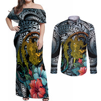 Hawaii Turtle Couples Matching Off Shoulder Maxi Dress and Long Sleeve Button Shirts Hawaii Pattern and Turtle Tattoo Dark Cyan Gradient - Wonder Print Shop