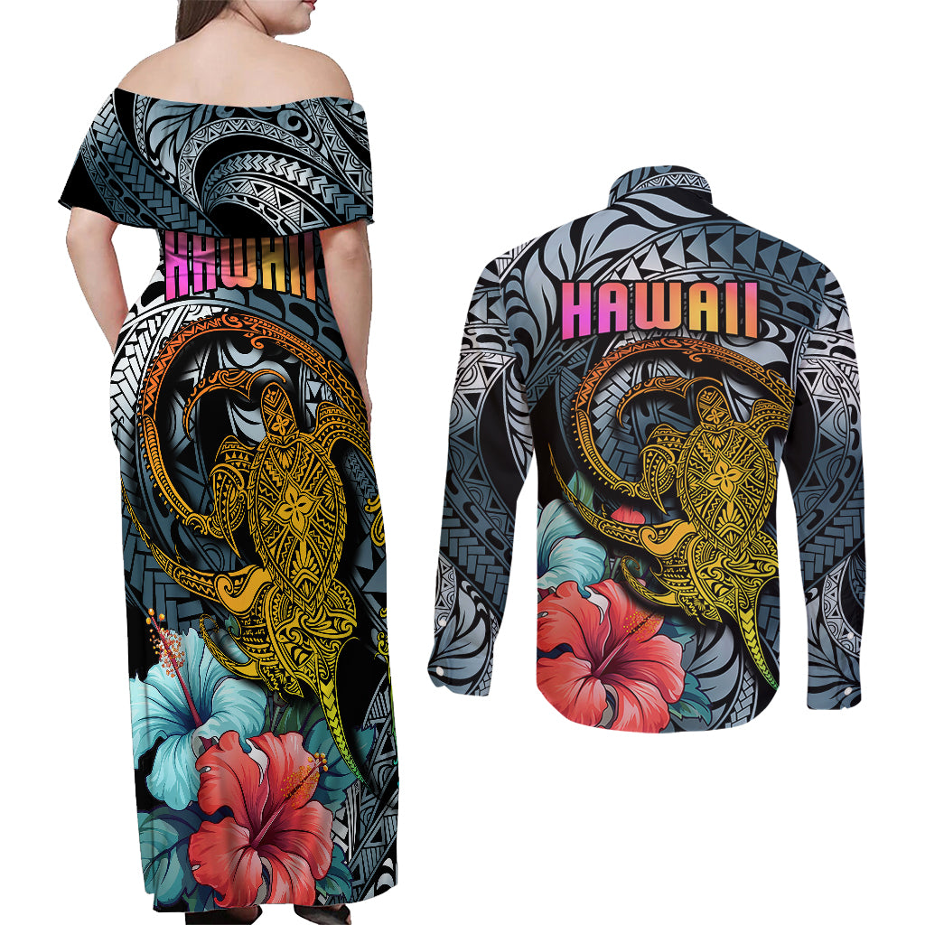 Hawaii Turtle Couples Matching Off Shoulder Maxi Dress and Long Sleeve Button Shirts Hawaii Pattern and Turtle Tattoo Dark Cyan Gradient - Wonder Print Shop