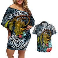 Hawaii Turtle Couples Matching Off Shoulder Short Dress and Hawaiian Shirt Hawaii Pattern and Turtle Tattoo Dark Cyan Gradient - Wonder Print Shop