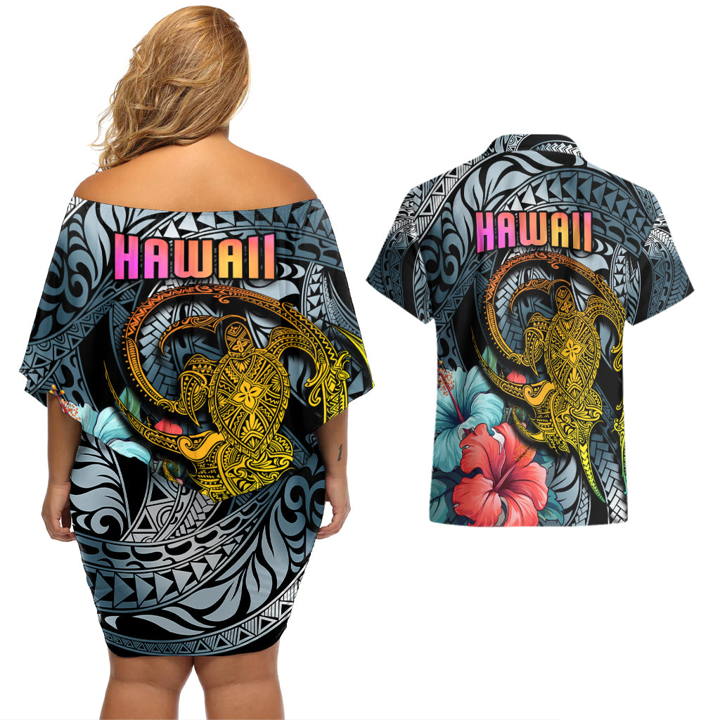 Hawaii Turtle Couples Matching Off Shoulder Short Dress and Hawaiian Shirt Hawaii Pattern and Turtle Tattoo Dark Cyan Gradient - Wonder Print Shop