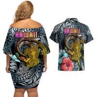 Hawaii Turtle Couples Matching Off Shoulder Short Dress and Hawaiian Shirt Hawaii Pattern and Turtle Tattoo Dark Cyan Gradient - Wonder Print Shop