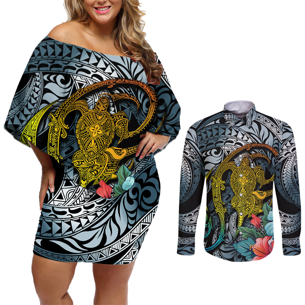 Hawaii Turtle Couples Matching Off Shoulder Short Dress and Long Sleeve Button Shirts Hawaii Pattern and Turtle Tattoo Dark Cyan Gradient - Wonder Print Shop