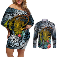 Hawaii Turtle Couples Matching Off Shoulder Short Dress and Long Sleeve Button Shirts Hawaii Pattern and Turtle Tattoo Dark Cyan Gradient - Wonder Print Shop