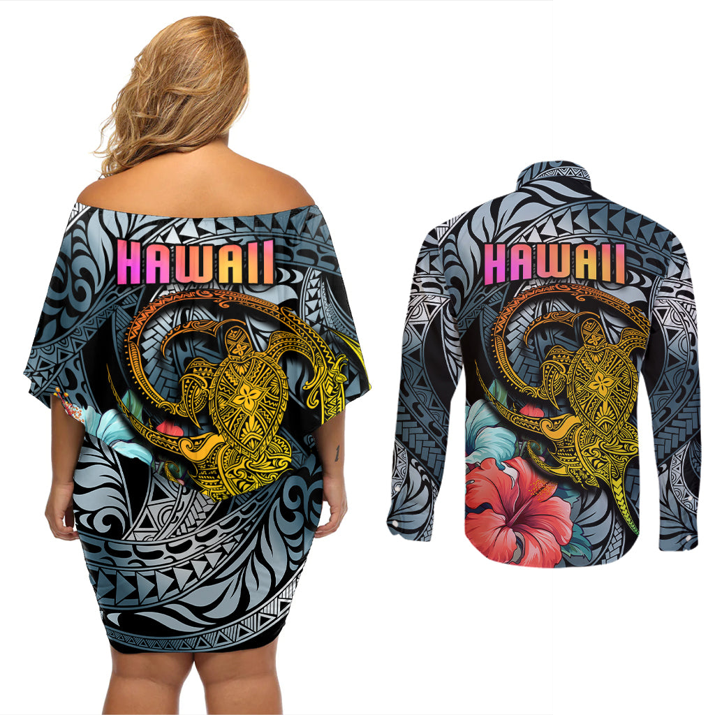 Hawaii Turtle Couples Matching Off Shoulder Short Dress and Long Sleeve Button Shirts Hawaii Pattern and Turtle Tattoo Dark Cyan Gradient - Wonder Print Shop