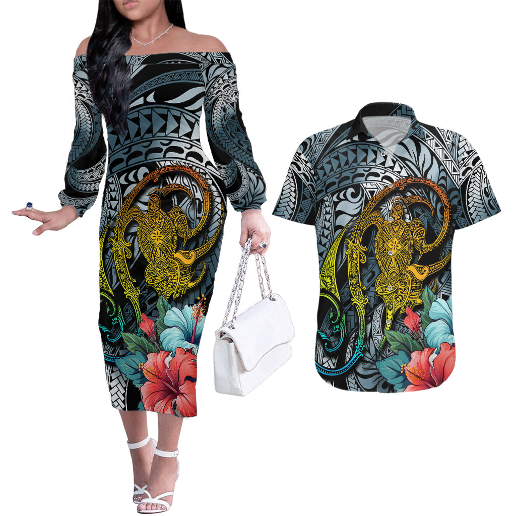 Hawaii Turtle Couples Matching Off The Shoulder Long Sleeve Dress and Hawaiian Shirt Hawaii Pattern and Turtle Tattoo Dark Cyan Gradient - Wonder Print Shop