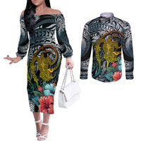hawaii-turtle-couples-matching-off-the-shoulder-long-sleeve-dress-and-long-sleeve-button-shirts-hawaii-pattern-and-turtle-tattoo-dark-cyan-gradient